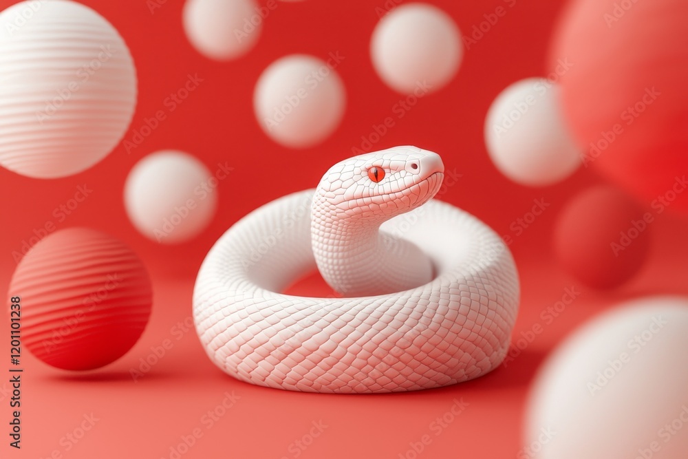 Fototapeta premium Elegance white snake New Year zodiac coils on a vibrant red background, surrounded by floating Chinese lantern spheres in various sizes and textures