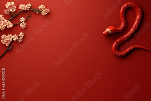 Red snake New Year zodiac beside delicate pink cherry blossoms, creating a striking visual contrast on vibrant background with center copy space