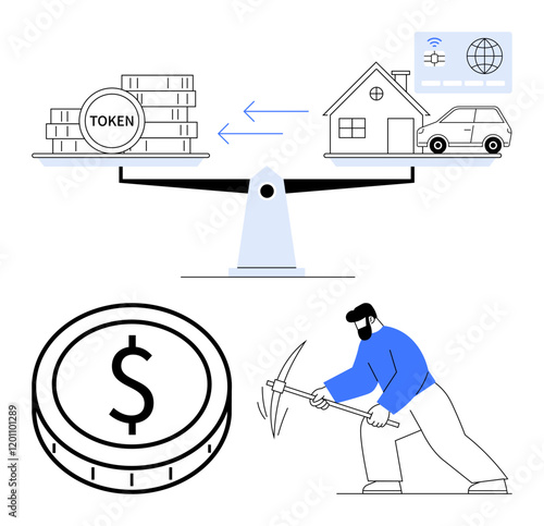 Blockchain miner pickaxes tokens, symbolizing digital wealth. Scale balances tokens with house, car, and tech. Ideal for blockchain, crypto, NFTs, finance investment economy abstract line flat