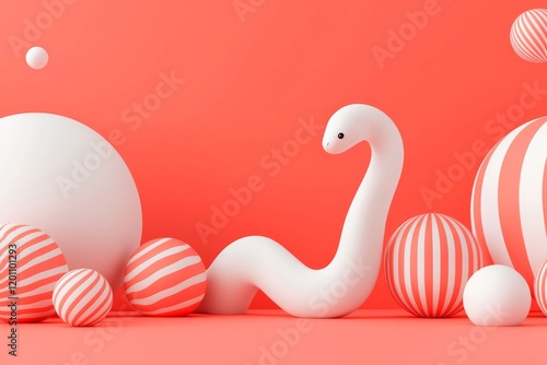 White Snake New Year zodiac cute and whimsical design alongside striped and solid balloons on a coral background in minimal style