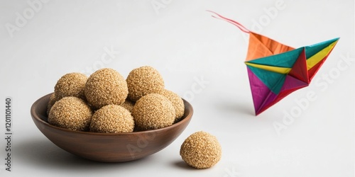 Vibrant Makar Sankranti celebration featuring golden sesame seed balls in a brown wooden bowl with a colorful paper kite on a light background photo