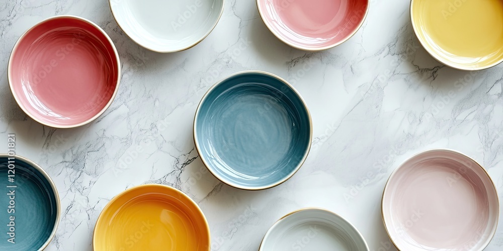 Multicolored ceramic plates arranged in a circular pattern on a white marble surface featuring pink, blue, yellow, and cream hues with copy space. Multicolored ceramic plates arranged in a circular pattern on a white marble surface featuring pink, blue, yellow, and cream hues with copy space.