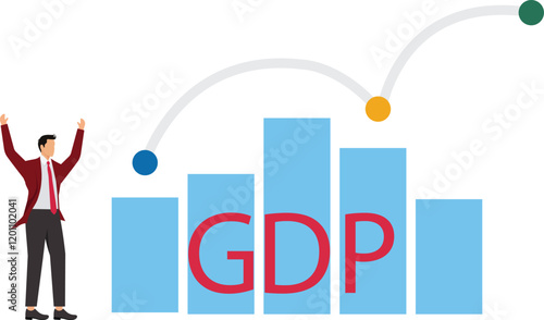 GDP Gross domestic product, import or export for country revenue growth, stock market profit value, annual percentage value report concept, businessman stand with GDP word and growing graph and char