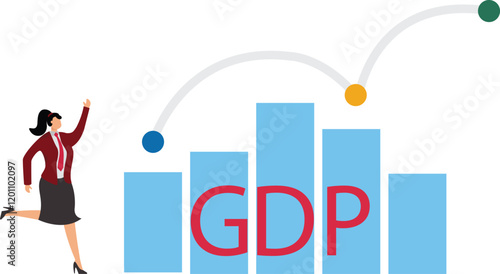GDP Gross domestic product, import or export for country revenue growth, stock market profit value, annual percentage value report concept, businesswoman stand with GDP word and growing graph and char
