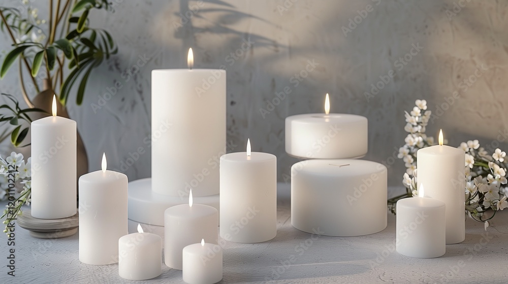 A collection of white candles of varying sizes, each with soft flames glowing against the pristine background. The scene radiates tranquility. A collection of white candles of varying sizes, each with soft flames glowing against the pristine background. The scene radiates tranquility.