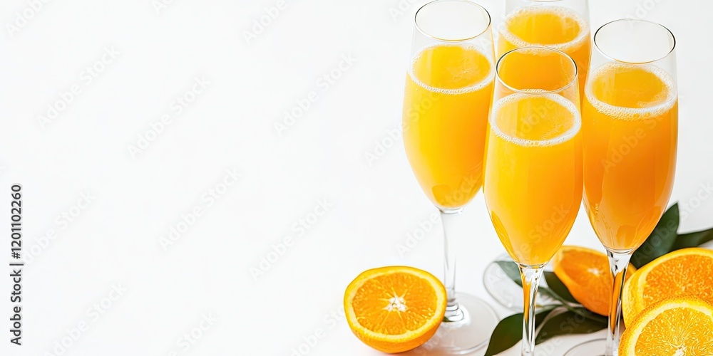 Fototapeta premium Champagne cocktails with orange juice in tall glasses against a bright white background with orange slices and ample copy space on the side