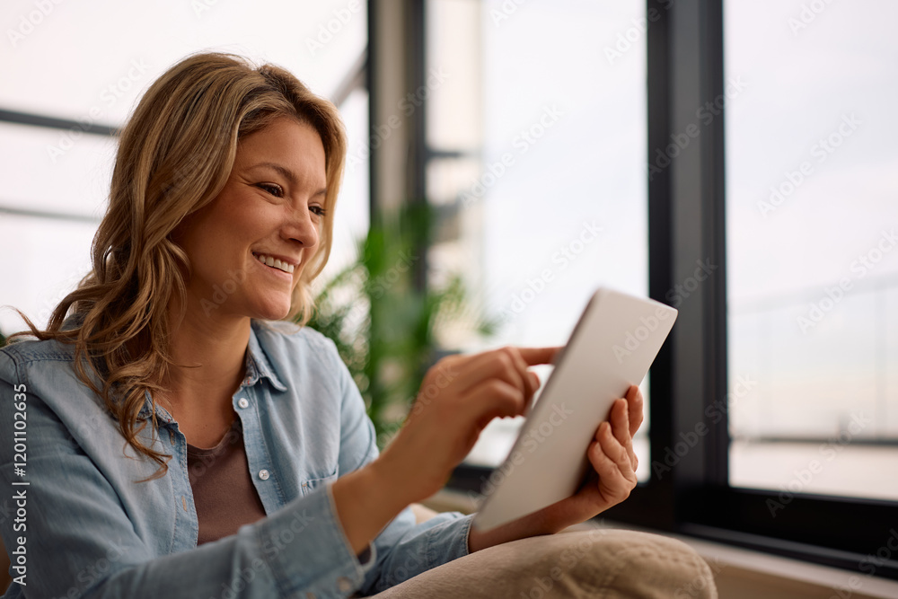 Happy woman surfing the net on touchpad at home. Happy woman surfing the net on touchpad at home.