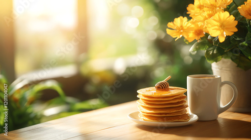 Somali Canjeero sourdough pancakes served with honey and milk, styled with African textiles and natural light, [East African breakfast, cultural simplicity] photo