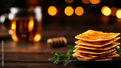 Somalian Malawah sweet flatbread, paired with honey and tea in a vibrant African cafe setting, [Breakfast delights, cultural fusion] photo