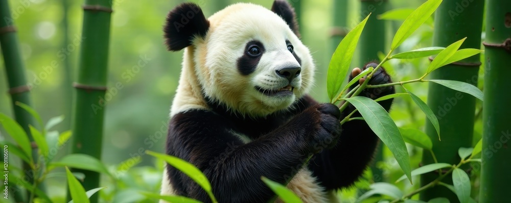 Obraz premium Giant panda meticulously stripping bamboo leaves , habitat, china