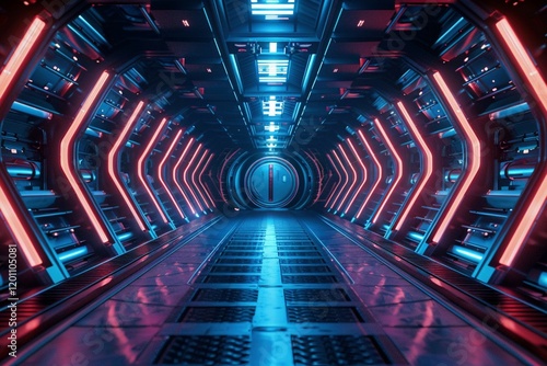 Fototapeta Naklejka Na Ścianę i Meble -  Symmetrical corridor of a modern space station illuminated by cool blue neon lights.