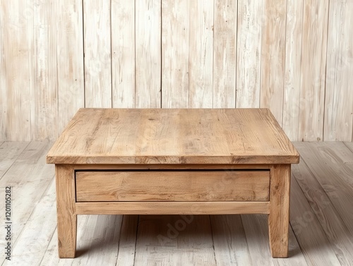 home decor minimalism. Reclaimed wood coffee table with integrated drawers, blending sustainability with minimalist organization photo