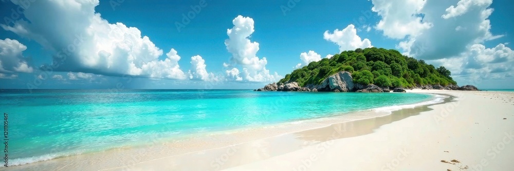 Fototapeta premium White sand beach, turquoise water, lush island backdrop, tropical island, nature photography
