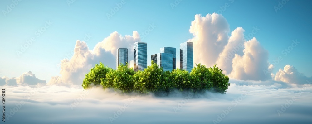 Fototapeta premium A serene cityscape emerges from lush greenery, surrounded by soft clouds under a bright blue sky, blending nature and urban life harmoniously.