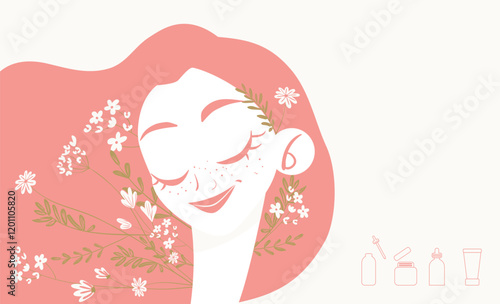 Floral Beauty Illustration with Skincare Icons - Vector Art