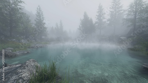 Misty landscape with a serene pond surrounded by trees.