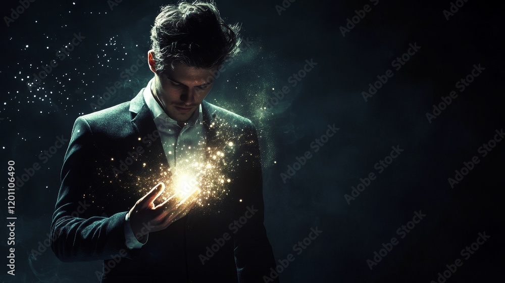 Man in suit holding glowing particles, dark background.