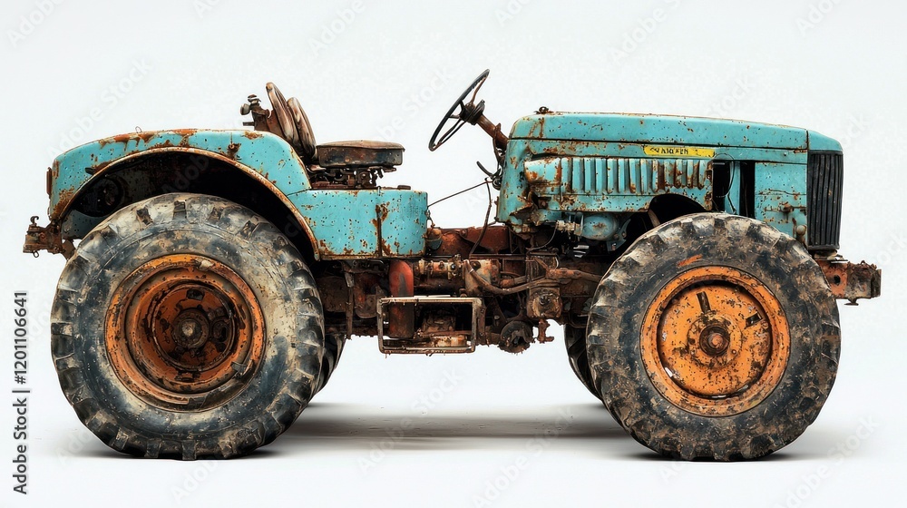 Rustic blue tractor studio shot, worn tires, white background, agricultural Rustic blue tractor studio shot, worn tires, white background, agricultural