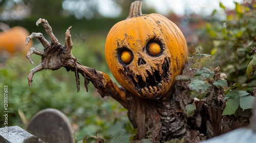 Gruesome pumpkin zombie emerging from graveyard cemetery at night, spooky halloween scene with eerie fog, haunted atmosphere, and creepy shadows perfect for seasonal decorations and scary celebrations photo