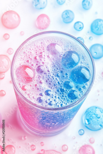 Vibrant glass of effervescent blue and pink beverage with bubbles, creating a playful and colorful visual experience. photo