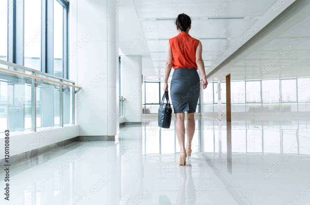 Back view of businesswoman walking on office corridor Back view of businesswoman walking on office corridor