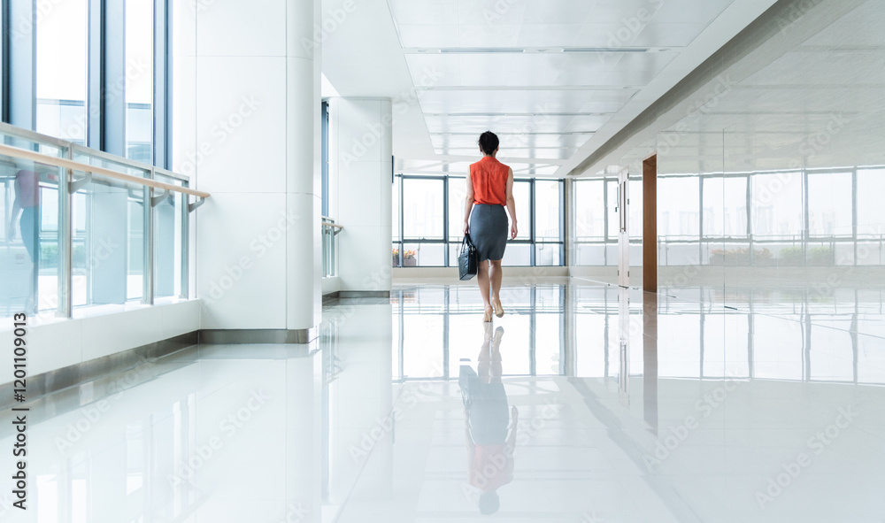 Fototapeta premium Back view of businesswoman walking on office corridor