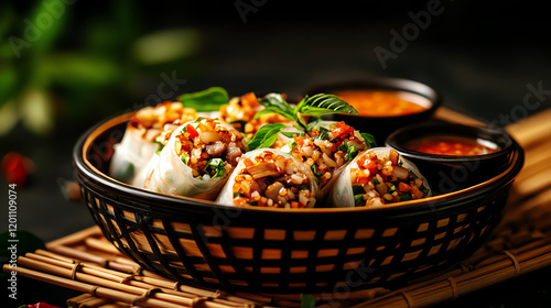 Vietnamese Banh Cuon steamed rice rolls, filled with minced pork and mushrooms, styled with dipping sauces in a street market setting, [Asian artisanal snacks, unique delicacy] photo