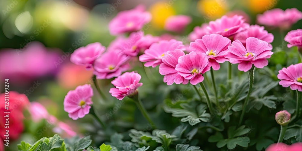 Pink blossoms in a lush garden setting with green foliage in the foreground and colorful blurred flowers in the background against soft light. Pink blossoms in a lush garden setting with green foliage in the foreground and colorful blurred flowers in the background against soft light.