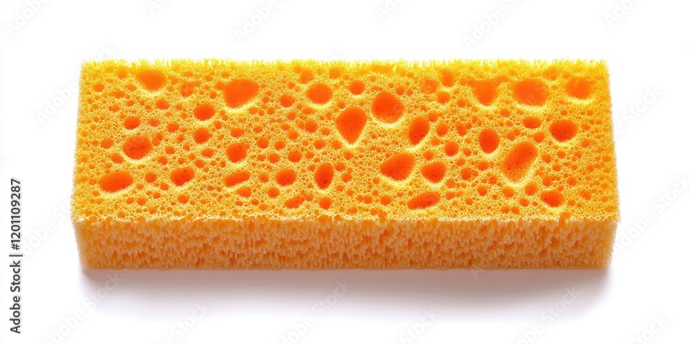 Fototapeta premium Bright orange dishwashing sponge with porous texture set against a clean white background, showcasing its vibrant color and practical design.