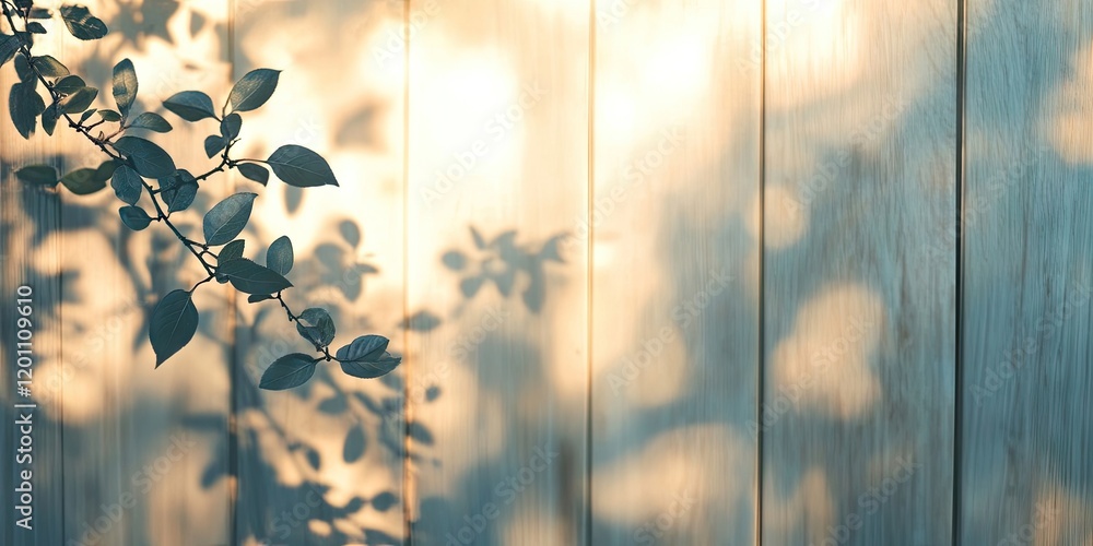 Fototapeta premium Blurred shadows of green foliage on light wooden boards create an abstract soft texture backdrop with ample copy space for design purposes.