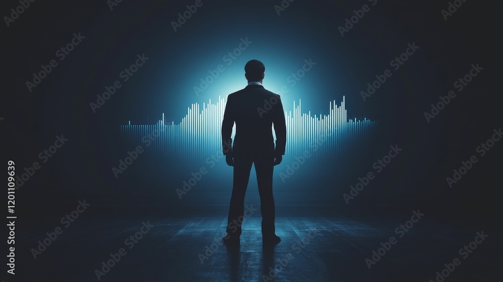 Fototapeta premium Silhouetted figure faces illuminated graph data visualization.