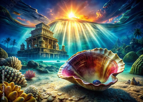 Giant Clam Shell Double Exposure, Ancient Egypt, Underwater Scene, Mystical, Stock Photo photo