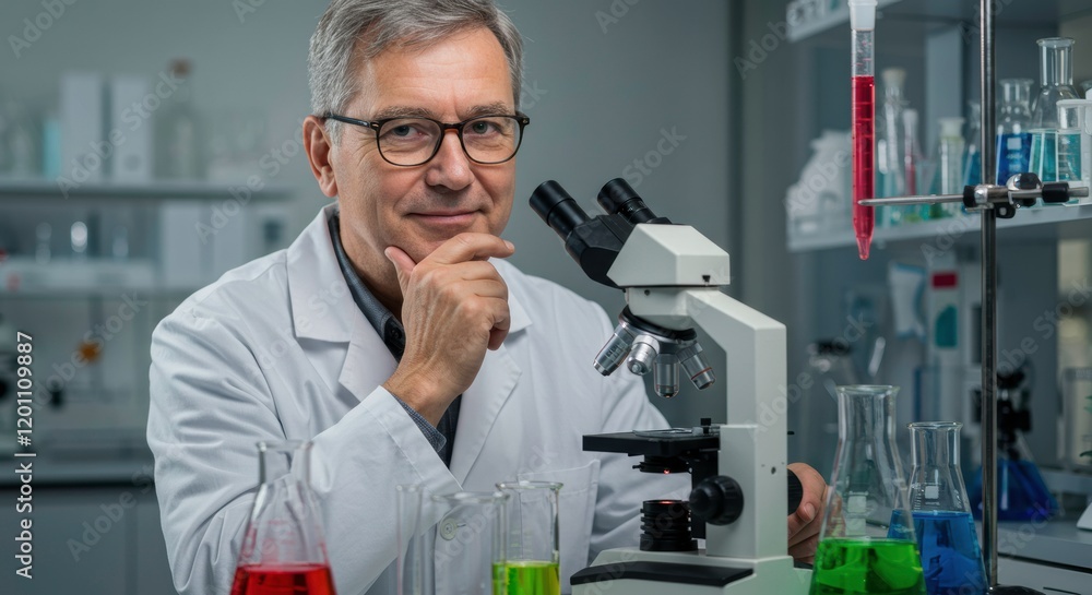 Senior Scientist at Work: A thoughtful senior scientist, wearing glasses and a lab coat, sits thoughtfully at a microscope in a well-equipped laboratory. Senior Scientist at Work: A thoughtful senior scientist, wearing glasses and a lab coat, sits thoughtfully at a microscope in a well-equipped laboratory.
