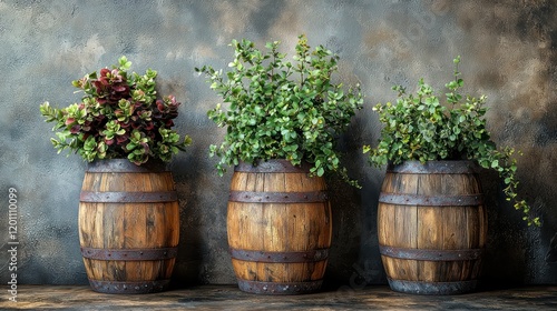 Rustic wooden barrels, plants, textured wall, interior d?cor photo