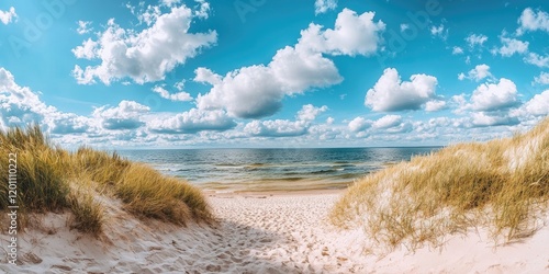 Fototapeta Naklejka Na Ścianę i Meble -  Panoramic view of the calm Baltic Sea from sandy beach with golden grasses under bright blue skies and fluffy white clouds showcasing tranquility
