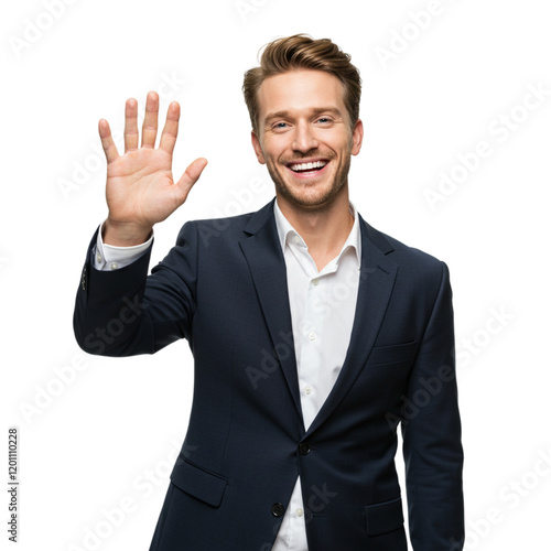 Happy Businessman Waving Hand Smiling Portrait Studio wave suit white black model image formal      
