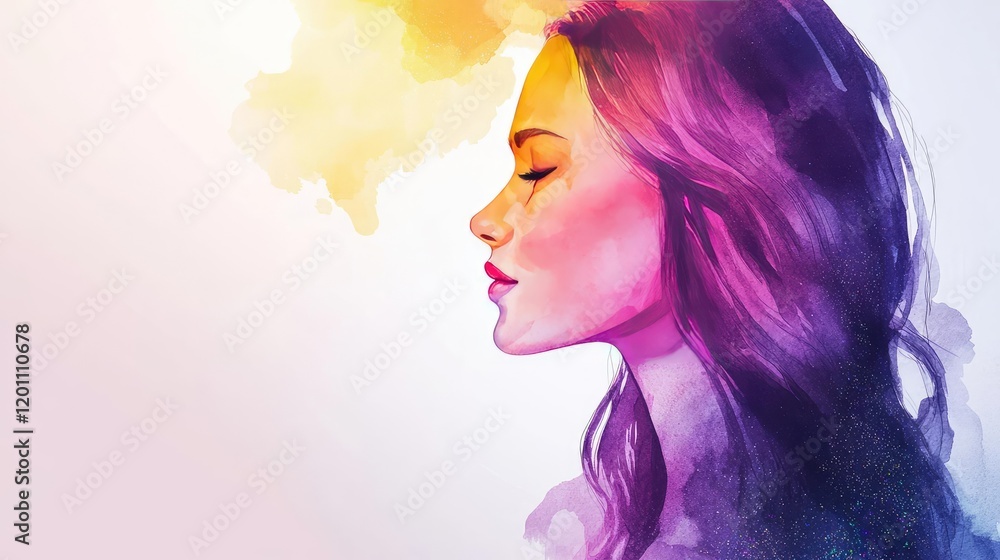 Fototapeta premium Glitter watercolor idea. A serene portrait of a woman, embodying tranquility through vibrant watercolor hues.