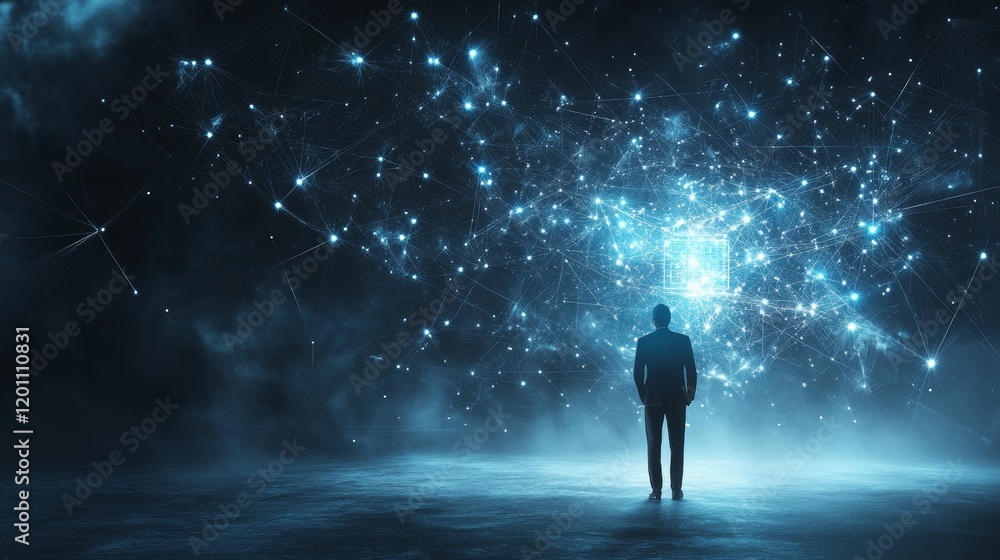 Fototapeta premium Man facing blue connected glowing network with fog.