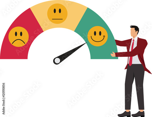 Performance evaluation, employee rating assessment, appraisal review or high potential employee, staff achievement, excellent job candidate concept, happy businessman on high performance gauge