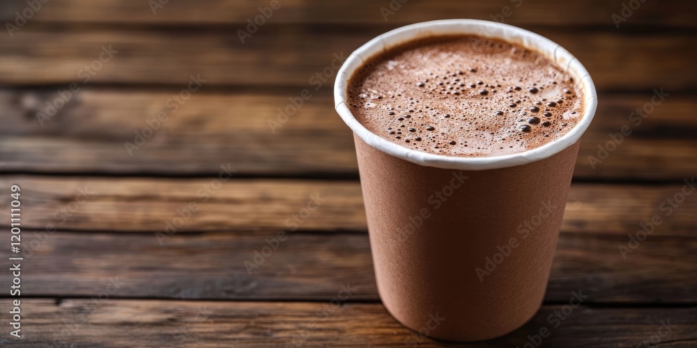 Warm brown paper cup filled with hot cocoa positioned right on rustic wooden table with soft focus background creating inviting ambiance Warm brown paper cup filled with hot cocoa positioned right on rustic wooden table with soft focus background creating inviting ambiance