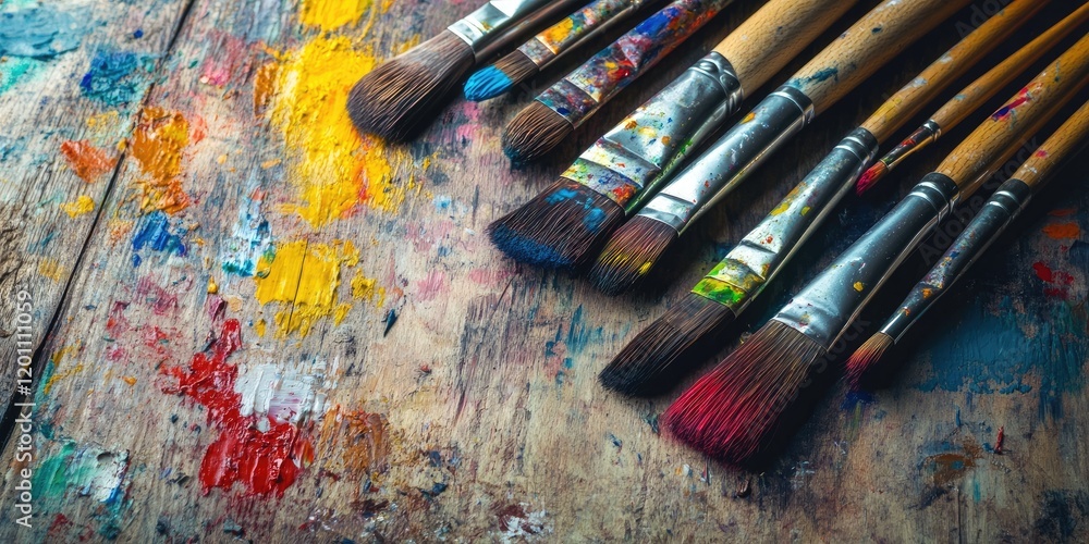 Obraz premium Vibrant brushes with multicolored paint on a rustic wooden table with splashes of color, arranged diagonally for a dynamic artistic composition.