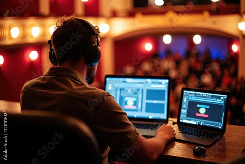 Dynamic Sound Engineer at Work in a Lively Theater During a Live Performance, Capturing the Essence of Audio Production