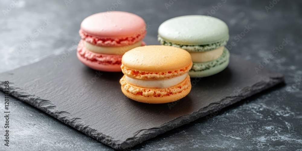 Pastel macarons in pink, orange, and green arranged on a dark slate tray with soft shadows, isolated for striking visual appeal. Pastel macarons in pink, orange, and green arranged on a dark slate tray with soft shadows, isolated for striking visual appeal.