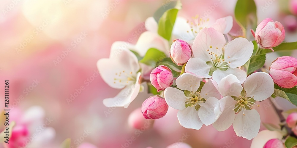 Delicate pink and white apple blossoms with buds in soft focus background, arranged gracefully on a branch against a dreamy blurred pastel backdrop. Delicate pink and white apple blossoms with buds in soft focus background, arranged gracefully on a branch against a dreamy blurred pastel backdrop.