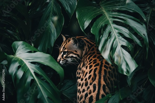 A striking image of an ocelot prowling through dense undergrowth, spotted coat camouflaged.