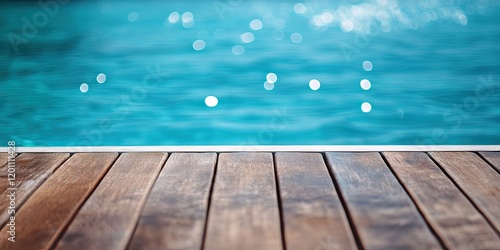Wooden outdoor table edge in focus beside a vibrant blurred swimming pool with sparkling blue water and soft bokeh reflections in background
