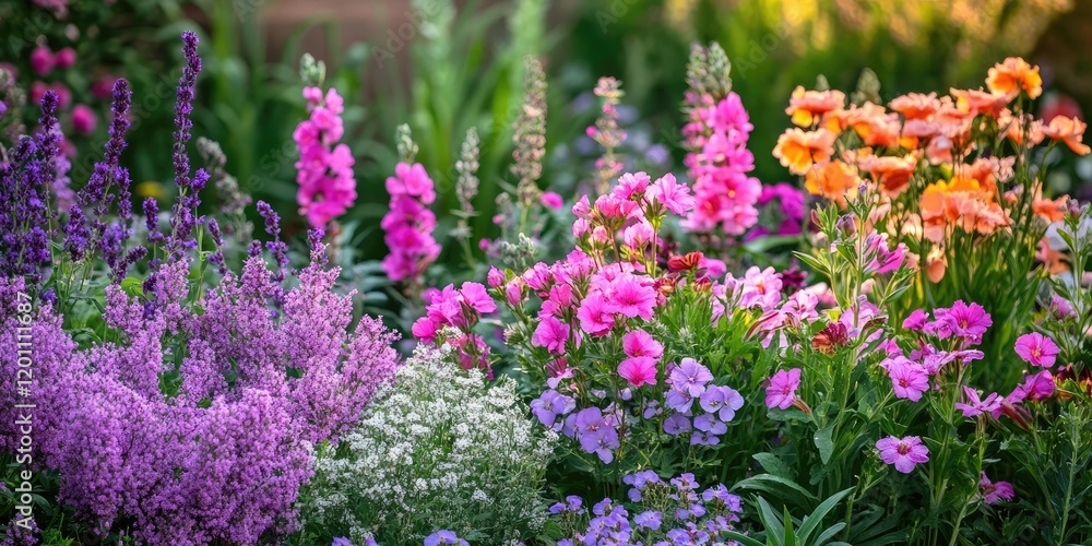 Obraz premium Colorful vibrant garden with pink, purple, and orange flowers in natural setting showcasing lush greenery and bright floral arrangement