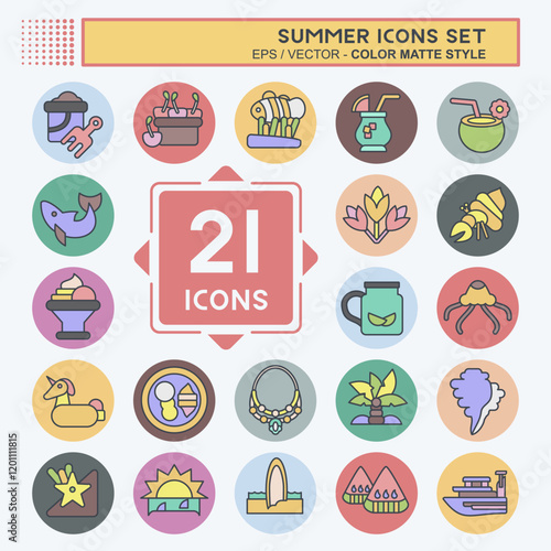 Icon Set Summer. related to Holiday symbol. color mate style. design editable