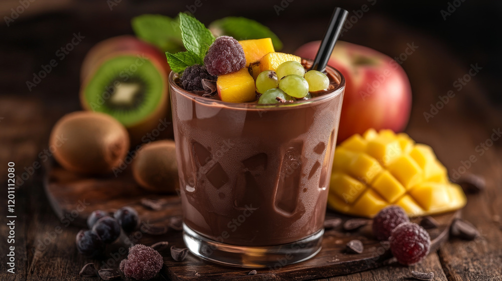 Realistic chocolate milk flow splash with fruits. Isolated realistic 3d vector delicious choco flow with an assortment of colorful kiwi, grape, apple and mango pieces for tempting and refreshing treat Realistic chocolate milk flow splash with fruits. Isolated realistic 3d vector delicious choco flow with an assortment of colorful kiwi, grape, apple and mango pieces for tempting and refreshing treat