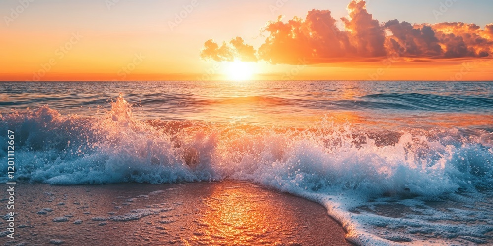 Naklejka premium Sunset over ocean waves crashing on sandy beach with frothy bubbles hues of orange and gold reflecting on tranquil water surface
